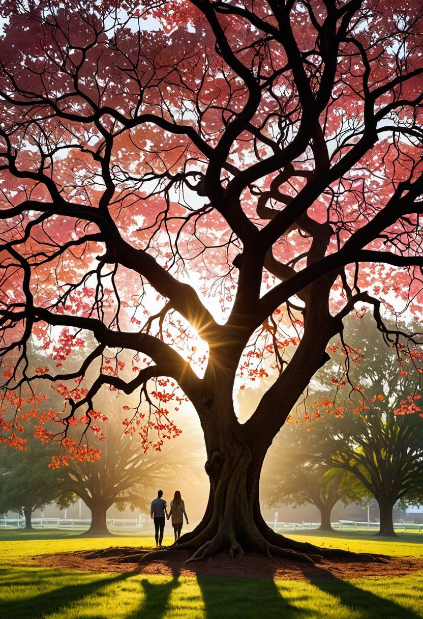 A heart-shaped tree symbolizing pure love, with roots entwined forming connections, surrounded by vibrant flowers representing kindness and devotion. Soft sunlight filtering through leaves, creating a warm, inviting atmosphere that evokes feelings of harmony and togetherness. Include gentle silhouettes of diverse people holding hands beneath the tree, illustrating lasting connections. super-realistic. warm colors. soft focus.