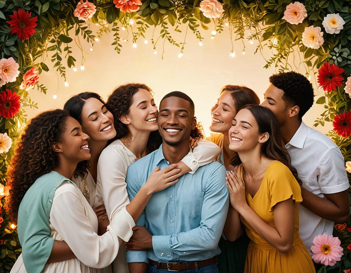 A heartwarming scene depicting diverse individuals embracing with smiles, symbolizing deep connections. Surround them with soft, glowing light and floating hearts to evoke warmth and affection. Include nature elements like blooming flowers and gentle greenery to enhance the feeling of sentimentality. Capture an atmosphere of joy that resonates with pure sentiments. super-realistic. vibrant colors. warm tones.