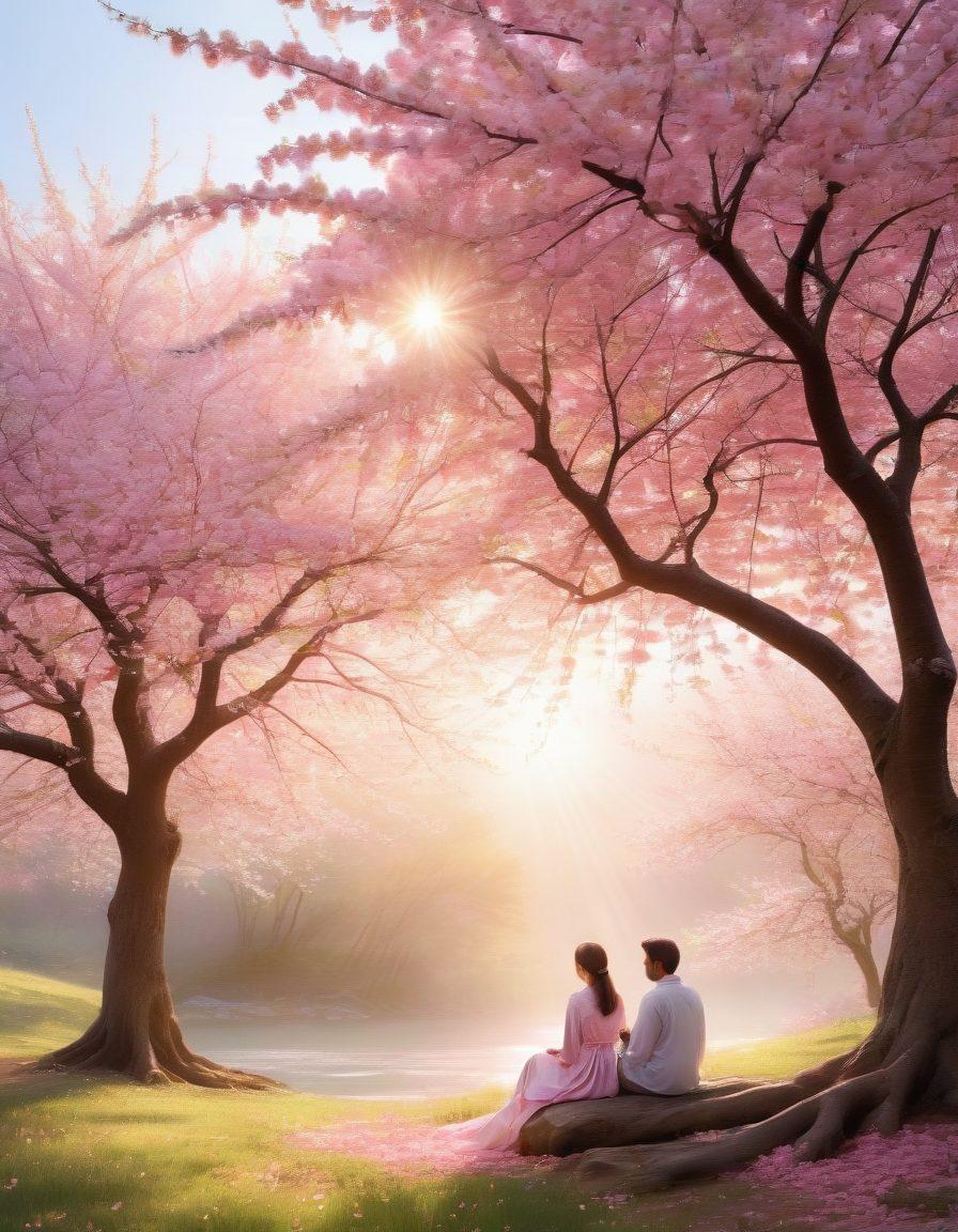 A serene landscape depicting two figures sitting together under a blooming cherry blossom tree, engaging in deep conversation. Soft rays of sunlight filter through the branches, creating a warm and inviting atmosphere that symbolizes trust and connection. Gentle breezes cause petals to fall around them, enhancing the feeling of togetherness. Include subtle hearts floating in the air, representing love and harmony. soft focus. pastel colors. super-realistic.